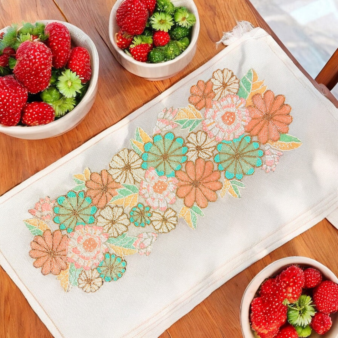 Handmade Beaded Table Runner with Floral Design – Elegant Dining Décor