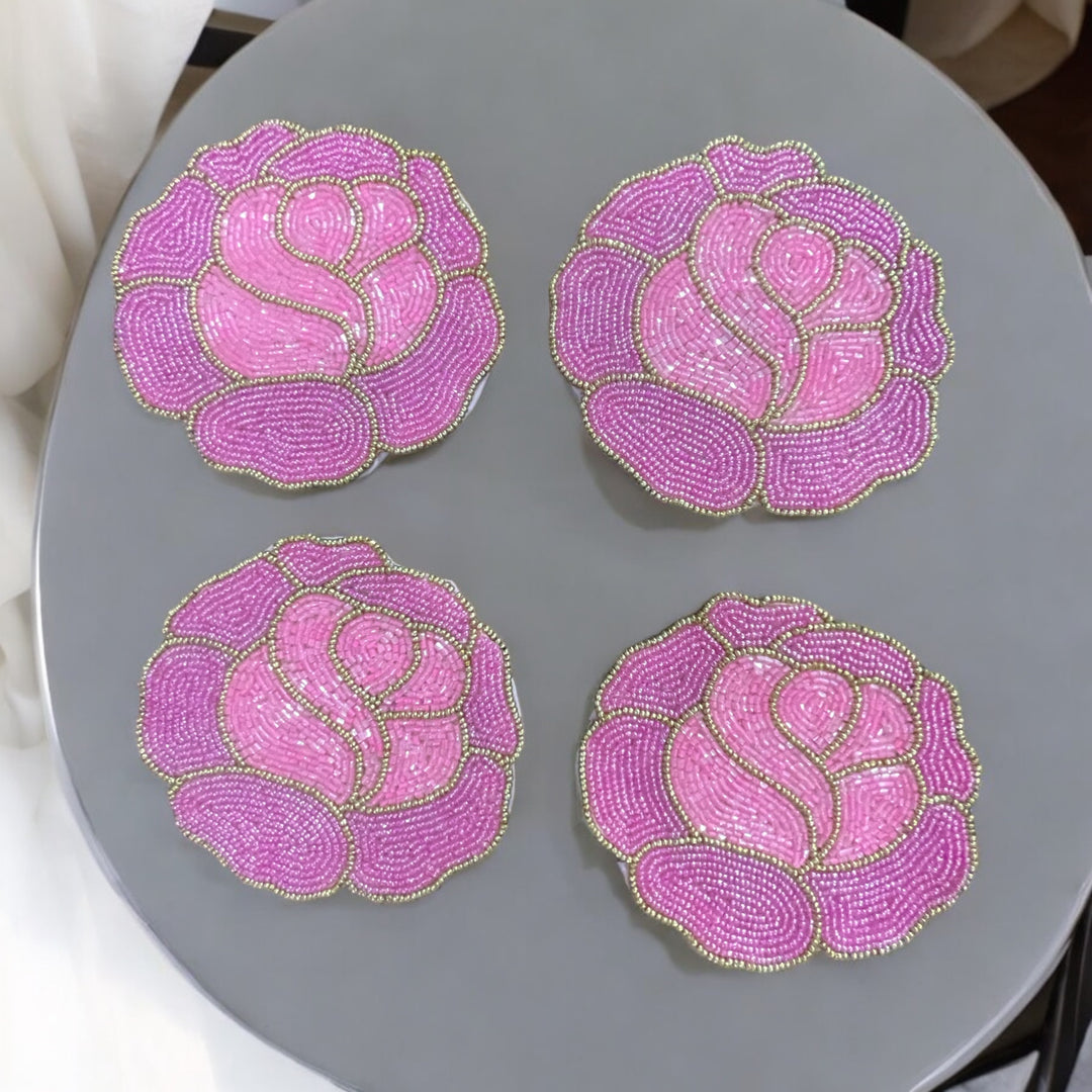 Rose Beaded Coasters – Set of 4 | Handmade Table Decor