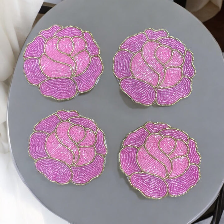 Rose Beaded Coasters – Set of 4 | Handmade Table Decor
