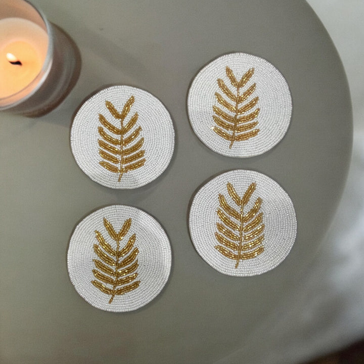 Gold Leaf Beaded Coaster Set of 4 – Luxurious Handmade Decor | RTFACTS