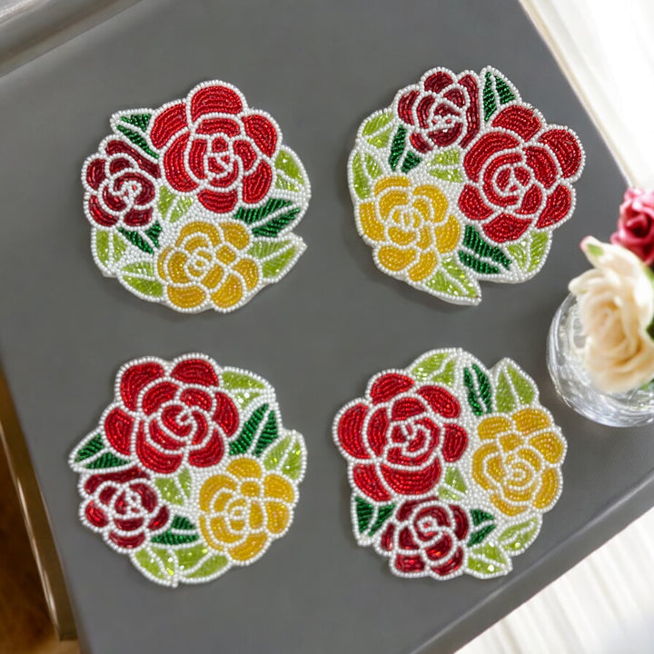 Rose Beaded Coasters – Set of 4 | Handmade Table Decor