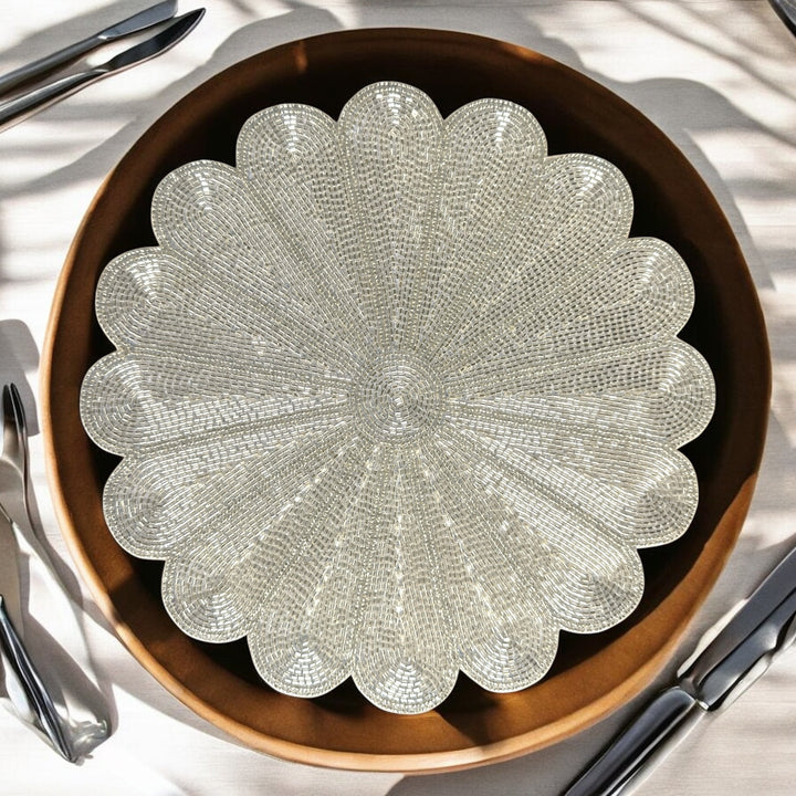 Silver Beaded Placemat – 13” Handmade Deco