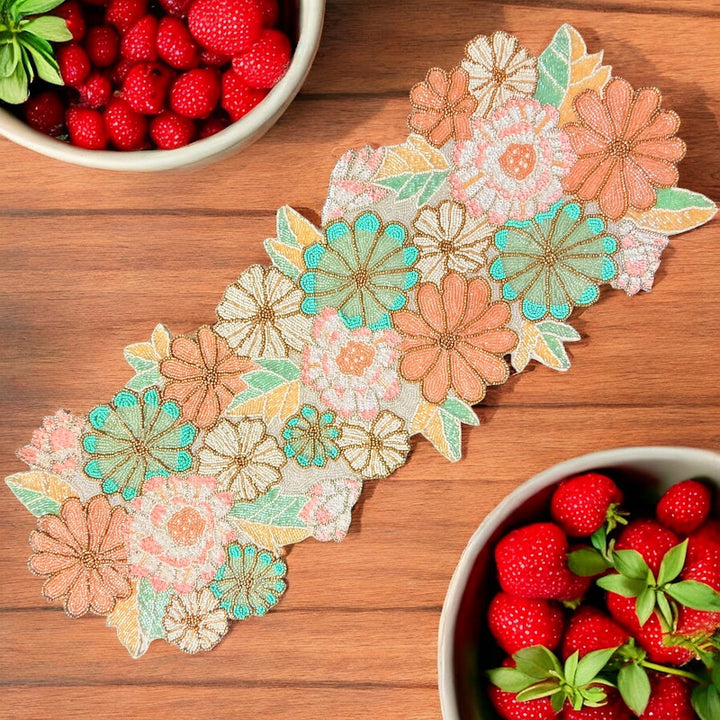 Handmade Beaded Table Runner with Floral Design – Elegant Dining Décor