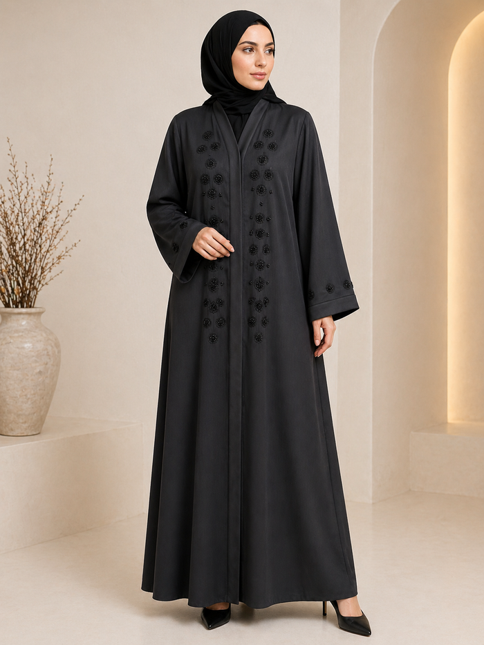 Luxury Black Front Open Abaya with Handcrafted Beaded Floral Work | Premium Zoom Fabric | Elegant Modest Wear (Without Dupatta)