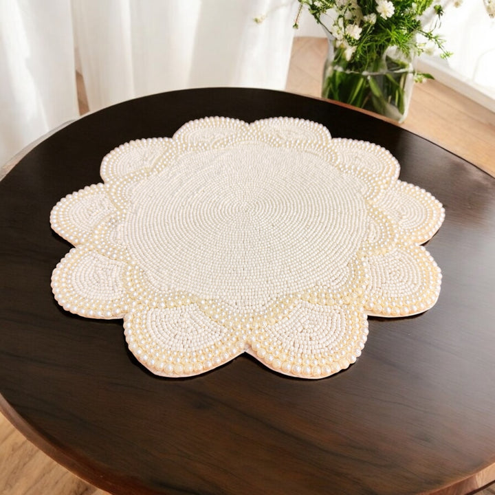 Round Pearl Beaded Placemat – 13” Handmade Table Mat