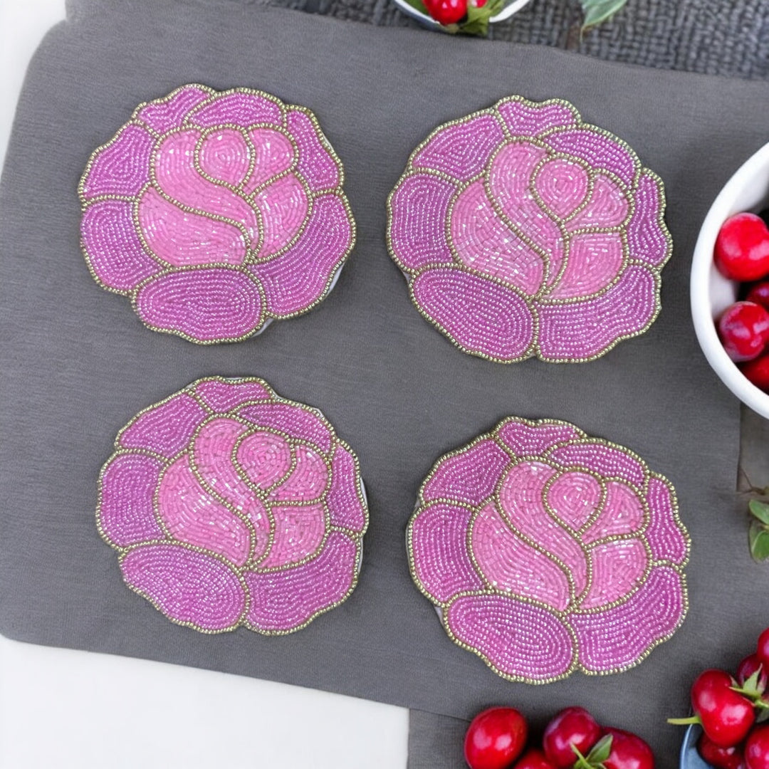 Rose Beaded Coasters – Set of 4 | Handmade Table Decor