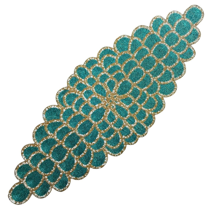 Handmade Golden & Teal Beaded Table Runner – Luxury Dining Table Décor 36 x 13 Inch