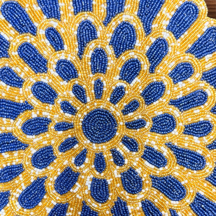 Golden & Blue Beaded Placemat – 13” Handmade
