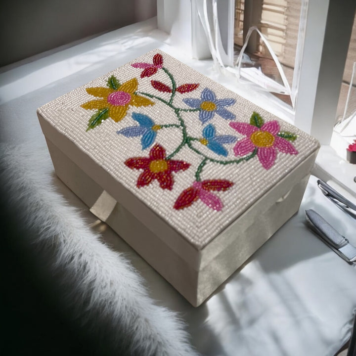 Multi-Flower Beaded Jewellery Box – Handcrafted Storage