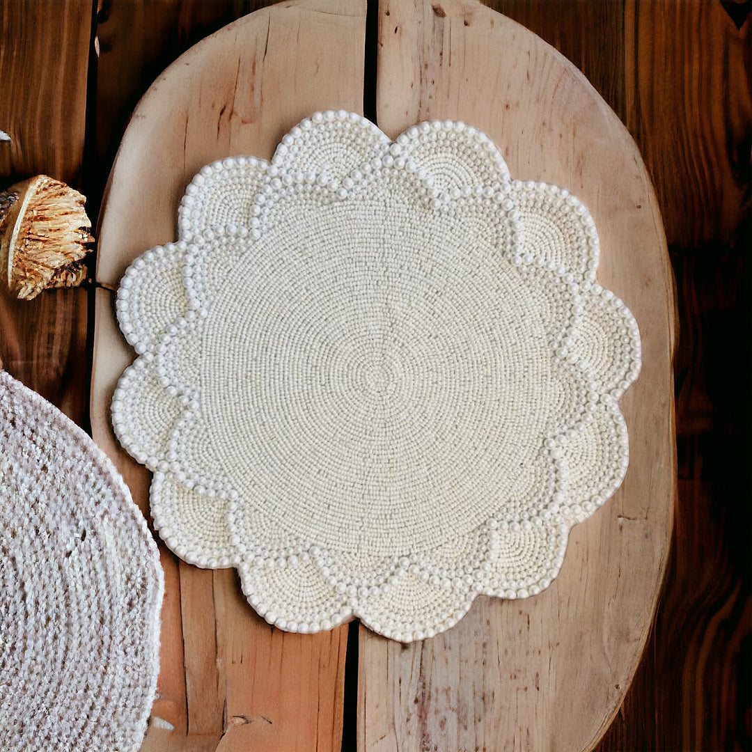 Round Pearl Beaded Placemat – 13” Handmade Table Mat