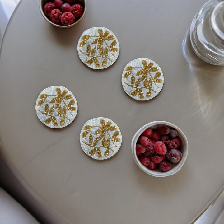 Gold Leaf Beaded Coaster Set of 4 – Luxurious Handmade Decor | RTFACTS