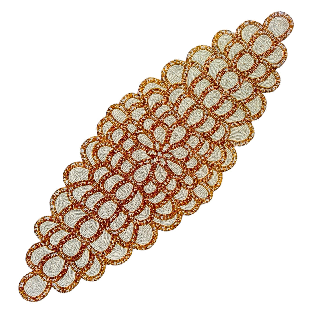 Gold & Ivory Beaded Table Runner – Handmade Floral design with Beads, 13 x 36 Inch, Elegant Home Decor