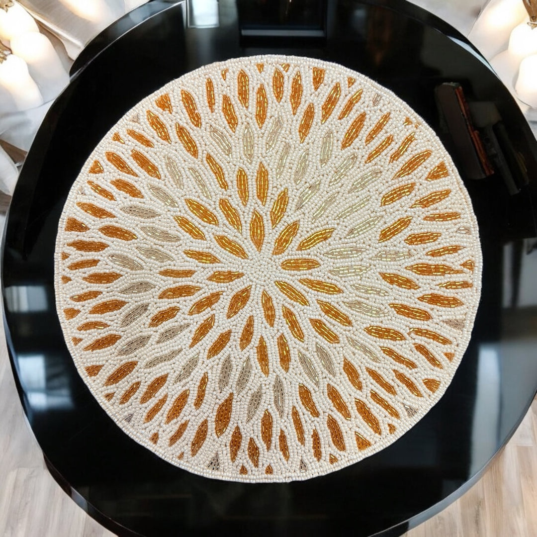 White Silver & Gold Beaded Placemat – 13” Table Decor
