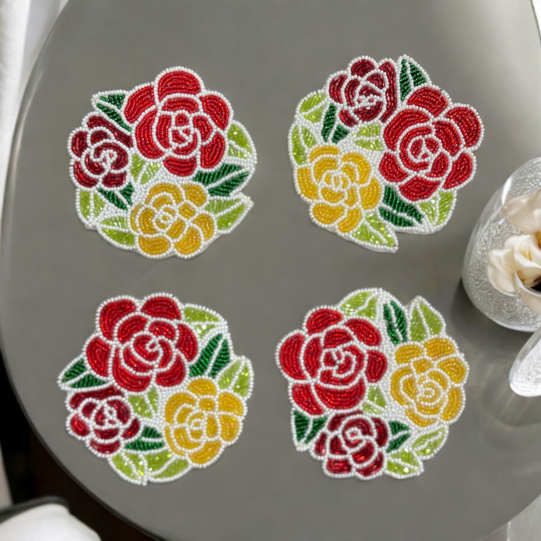 Rose Beaded Coasters – Set of 4 | Handmade Table Decor