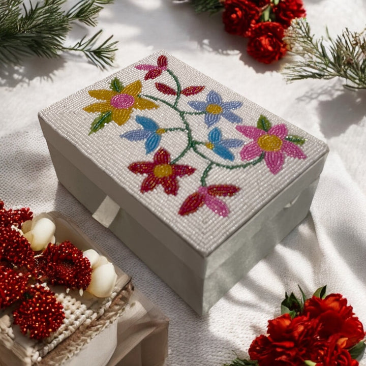 Multi-Flower Beaded Jewellery Box – Handcrafted Storage