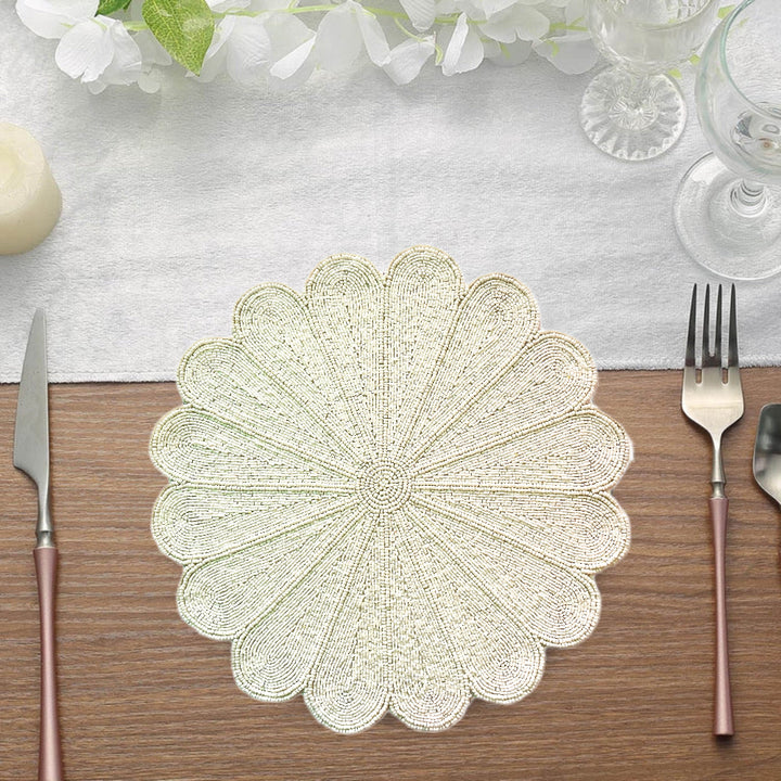 Ivory Flower Beaded Placemat – 13” Handmade Table Decor