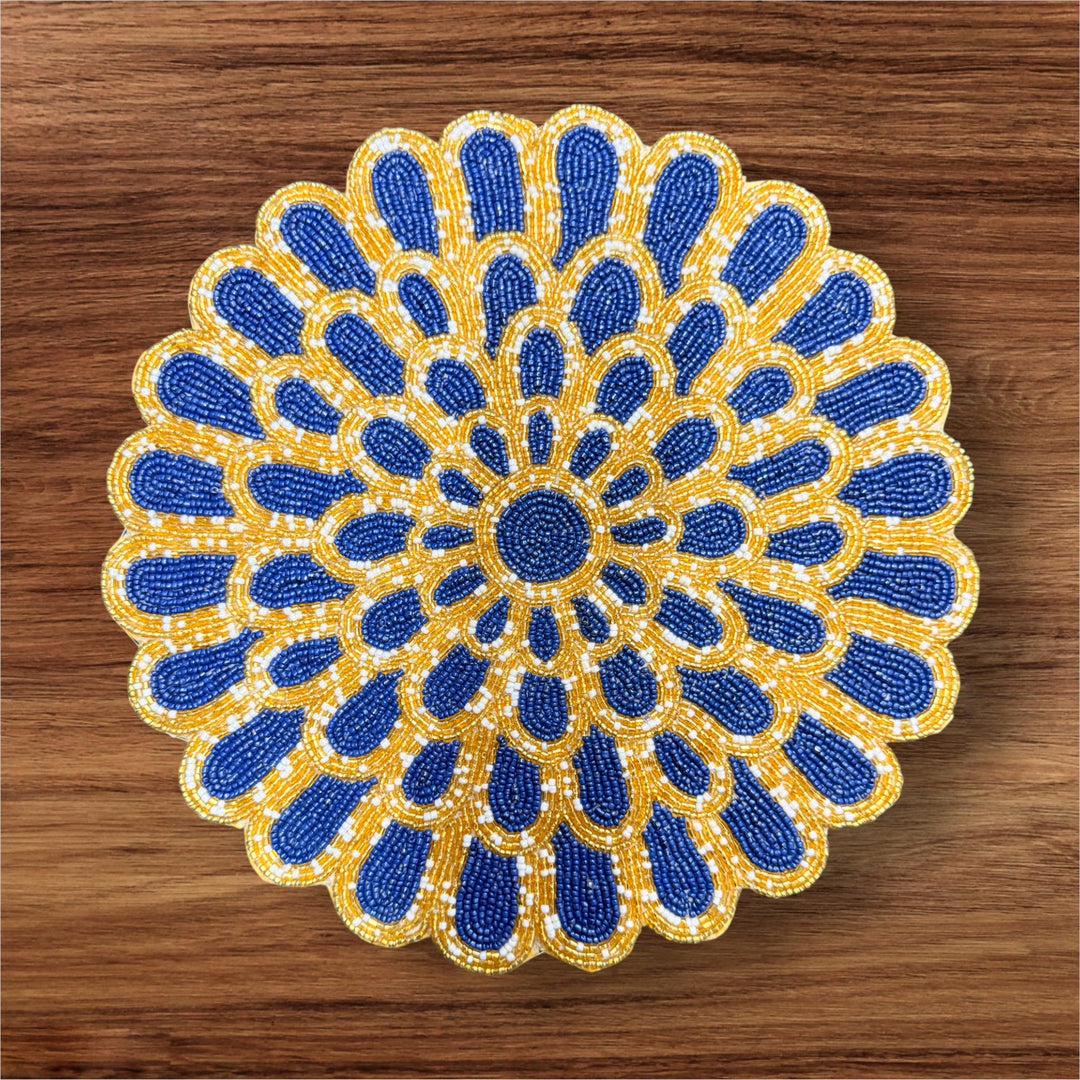 Golden & Blue Beaded Placemat – 13” Handmade