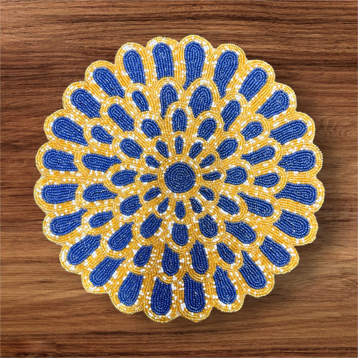 Golden & Blue Beaded Placemat – 13” Handmade