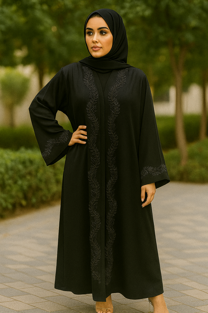 Modest wear abaya with stylish front handwork – timeless fashion for modern women.