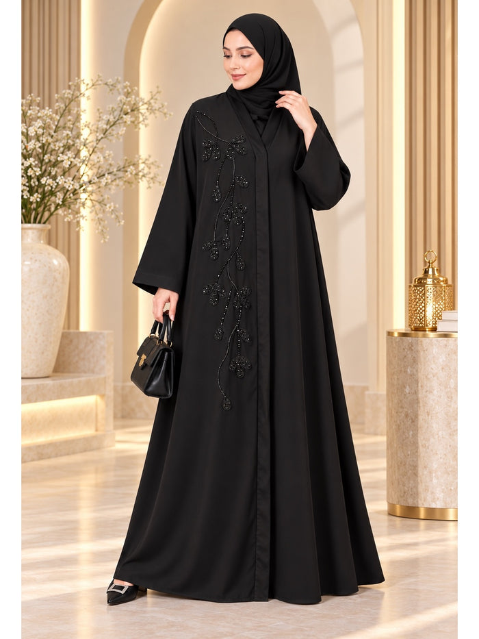 Black Nida Fabric Hand Beaded Embroidery Abaya | Elegant Open Front Islamic Abaya