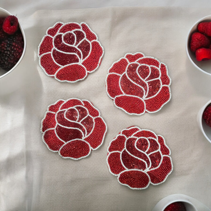 Rose Beaded Coasters – Set of 4 | Handmade Table Decor