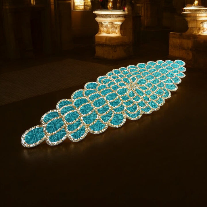 Handmade Golden & Teal Beaded Table Runner – Luxury Dining Table Décor 36 x 13 Inch