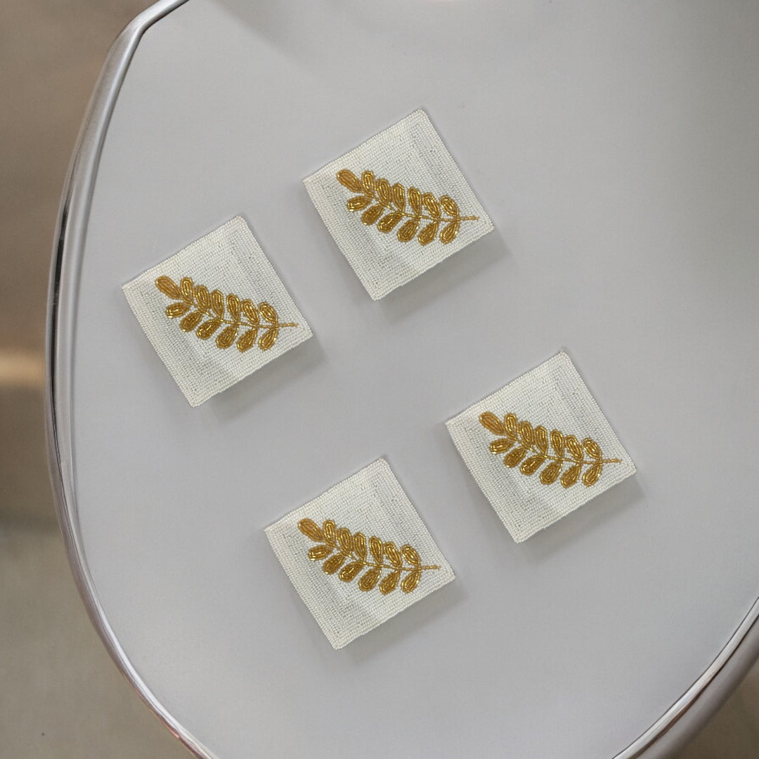 Gold Leaf Beaded Coaster Set of 4 – Luxurious Handmade Decor | RTFACTS