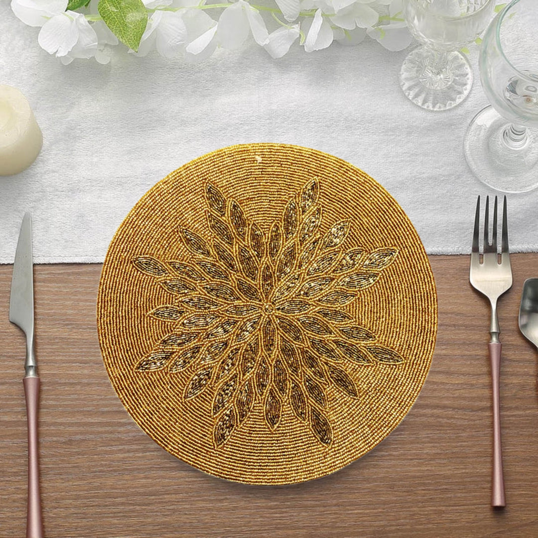 Golden & Mercury Beaded Placemat – 13” Handmade Decor