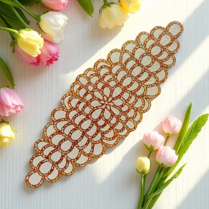 Gold & Ivory Beaded Table Runner – Handmade Floral design with Beads, 13 x 36 Inch, Elegant Home Decor