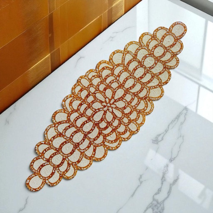 Gold & Ivory Beaded Table Runner – Handmade Floral design with Beads, 13 x 36 Inch, Elegant Home Decor