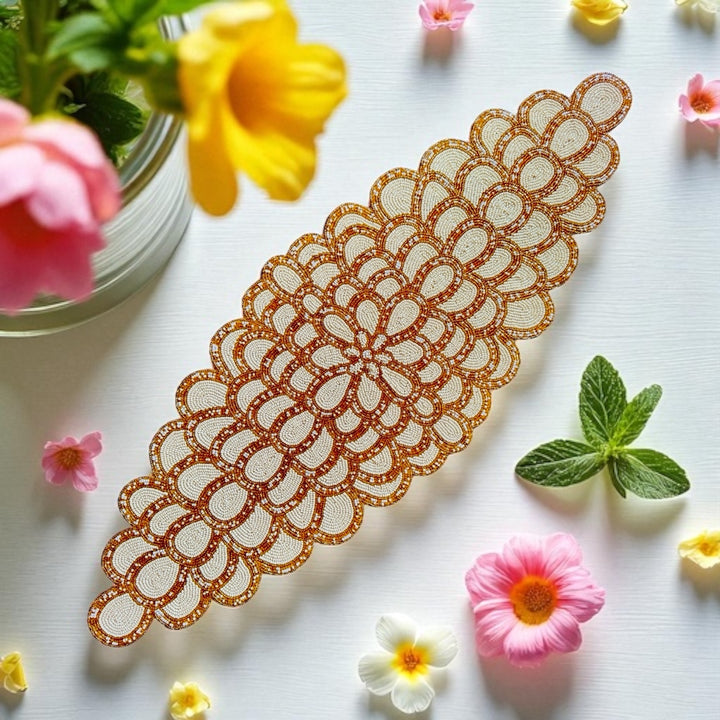 Gold & Ivory Beaded Table Runner – Handmade Floral design with Beads, 13 x 36 Inch, Elegant Home Decor