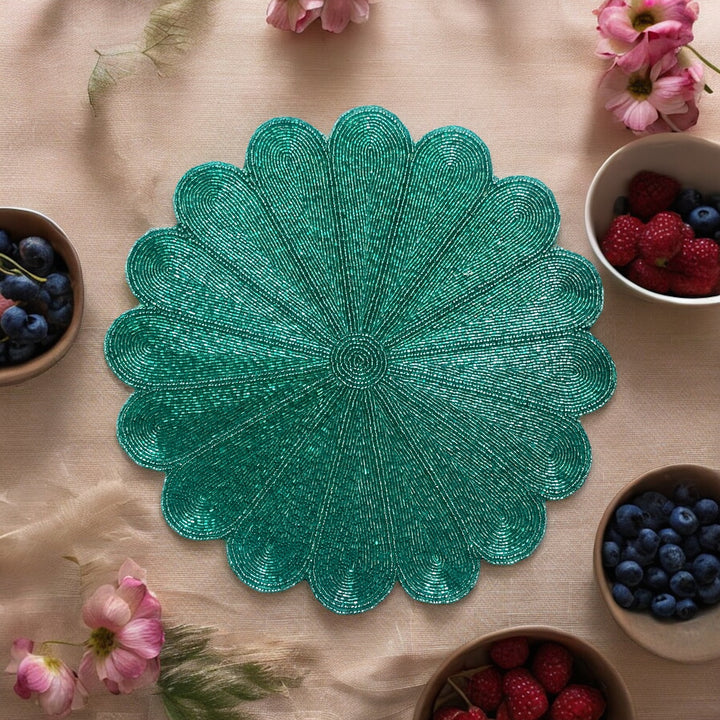 Ivory Flower Beaded Placemat – 13” Handmade Table Decor