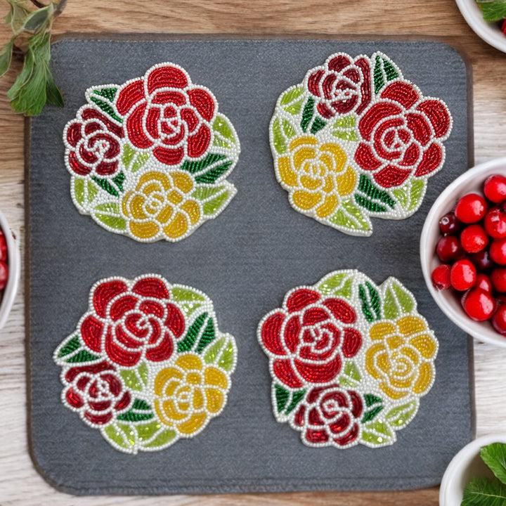 Rose Beaded Coasters – Set of 4 | Handmade Table Decor