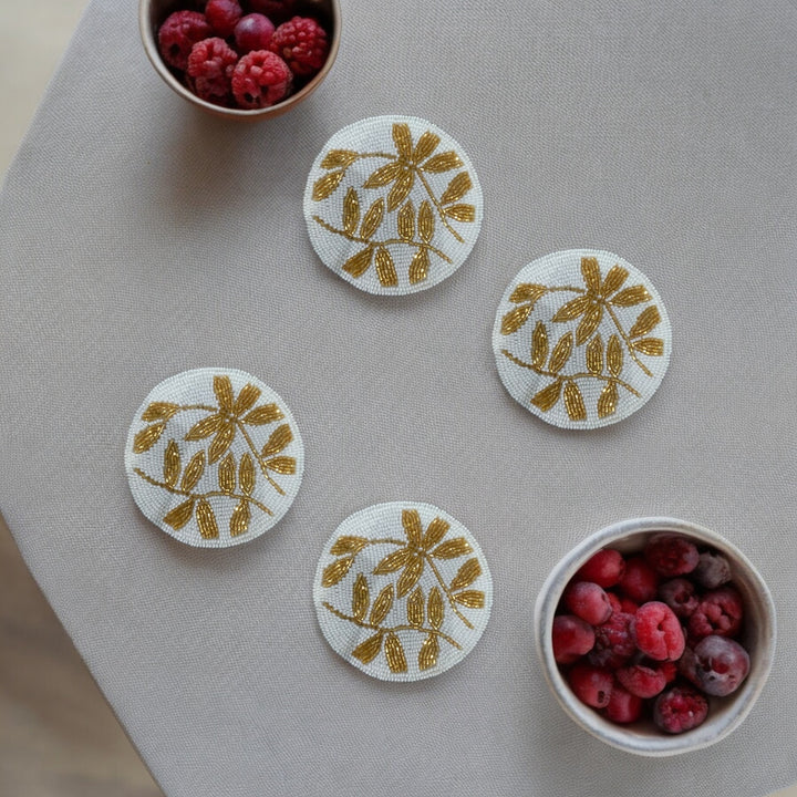 Gold Leaf Beaded Coaster Set of 4 – Luxurious Handmade Decor | RTFACTS