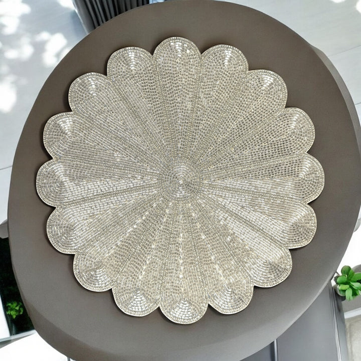 Silver Beaded Placemat – 13” Handmade Deco