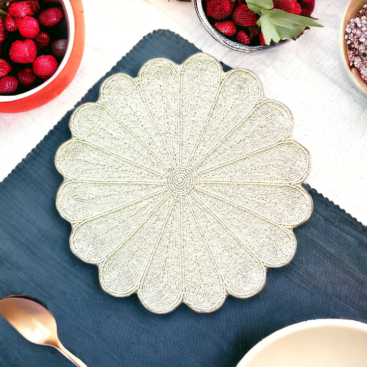 Ivory Flower Beaded Placemat – 13” Handmade Table Decor