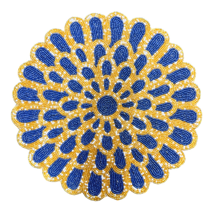 Golden & Blue Beaded Placemat – 13” Handmade