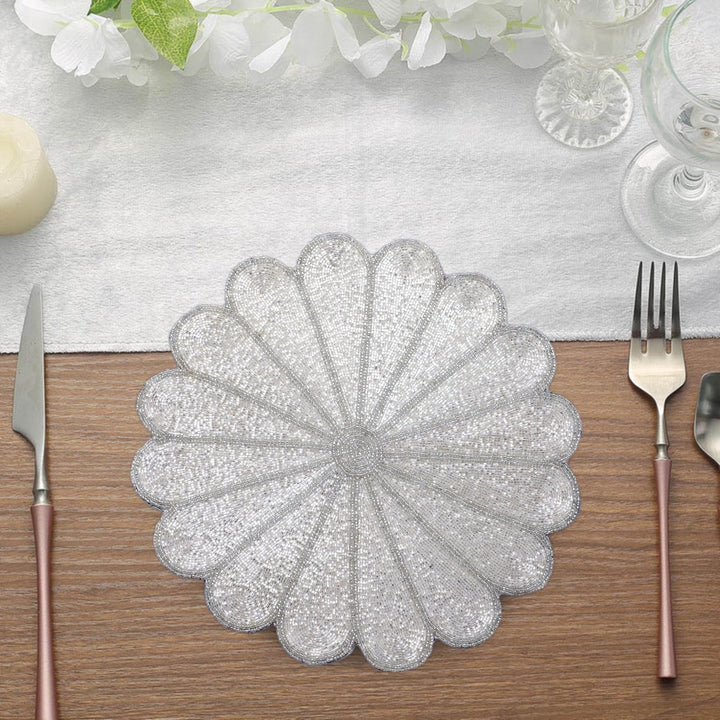 Ivory Flower Beaded Placemat – 13” Handmade Table Decor