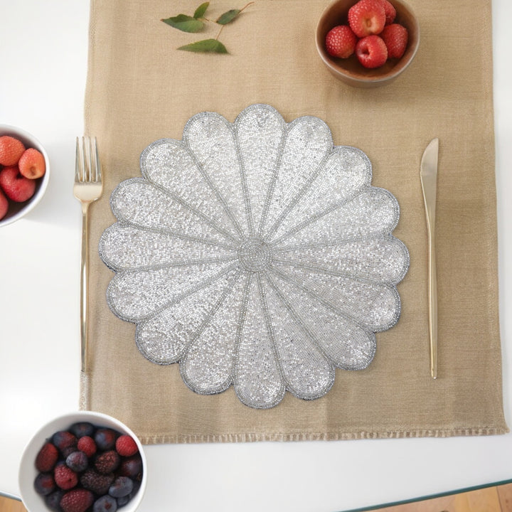 Ivory Flower Beaded Placemat – 13” Handmade Table Decor