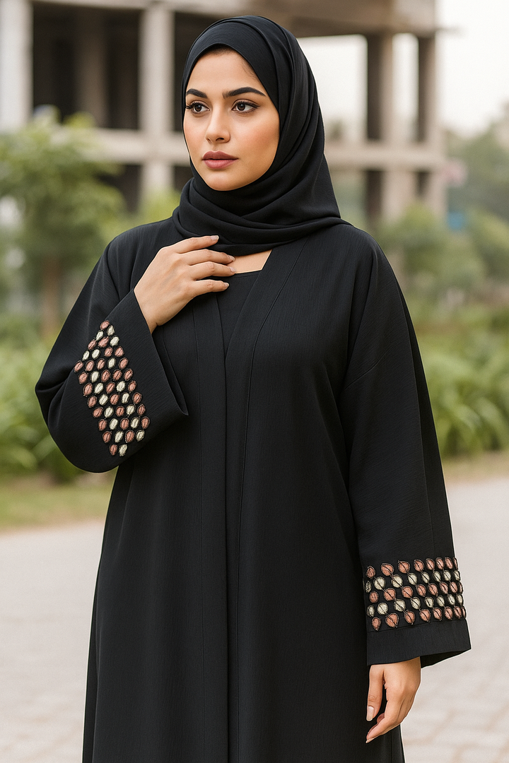 Imported Zoom Fabric Abaya with Handwork Sleeves – RTFACTS