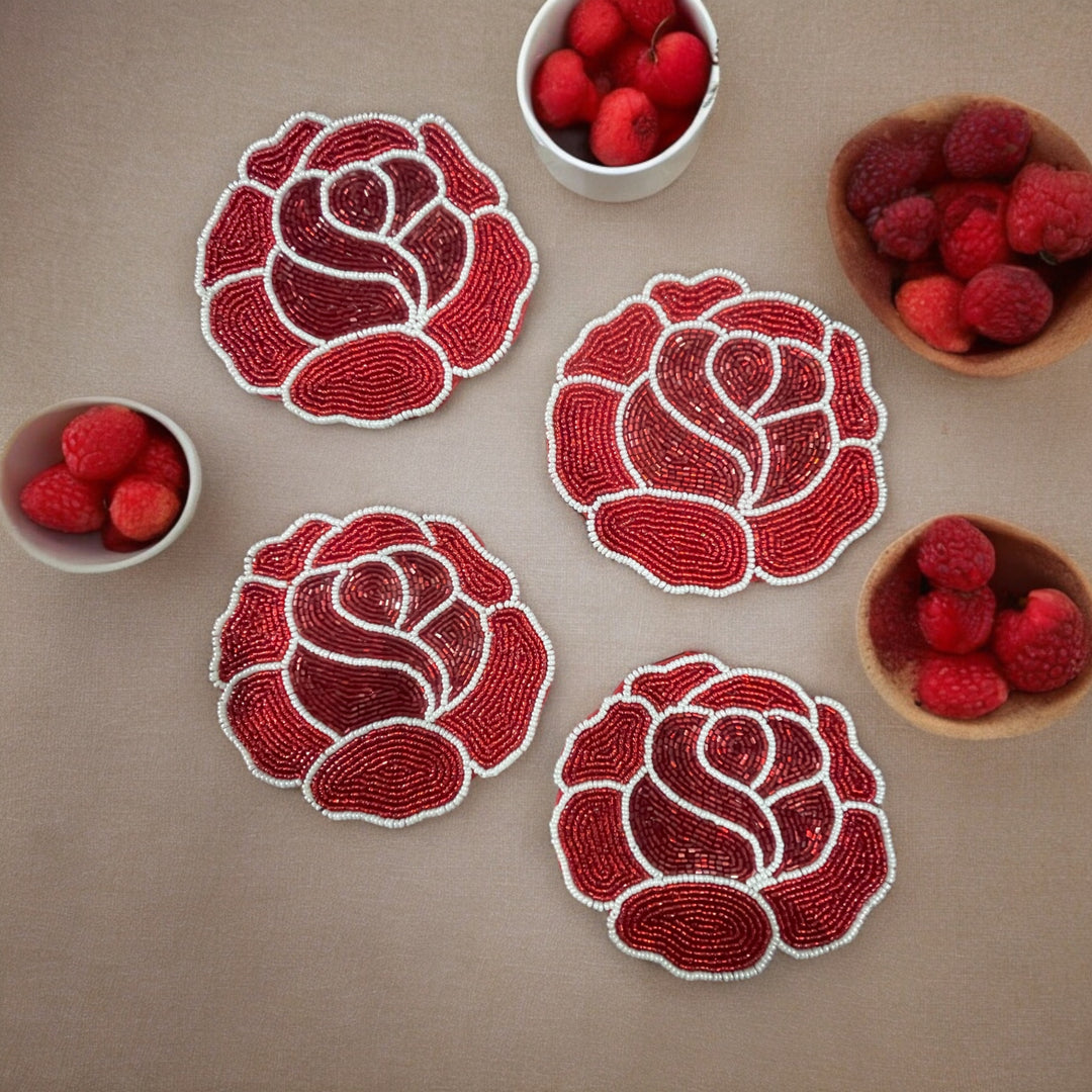 Rose Beaded Coasters – Set of 4 | Handmade Table Decor