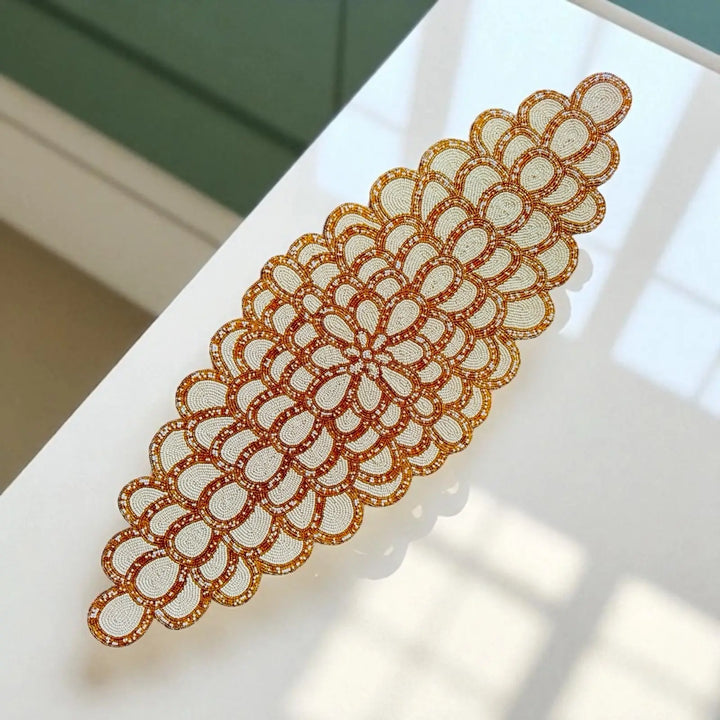 Gold & Ivory Beaded Table Runner – Handmade Floral design with Beads, 13 x 36 Inch, Elegant Home Decor
