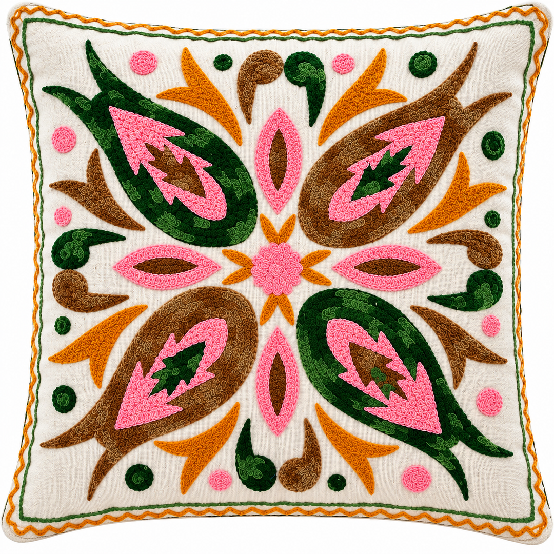 Handmade Embroidered Floral Cushion Cover 16×16 Inch | Traditional Folk Design Decorative Pillow for Sofa &amp; Home Decor