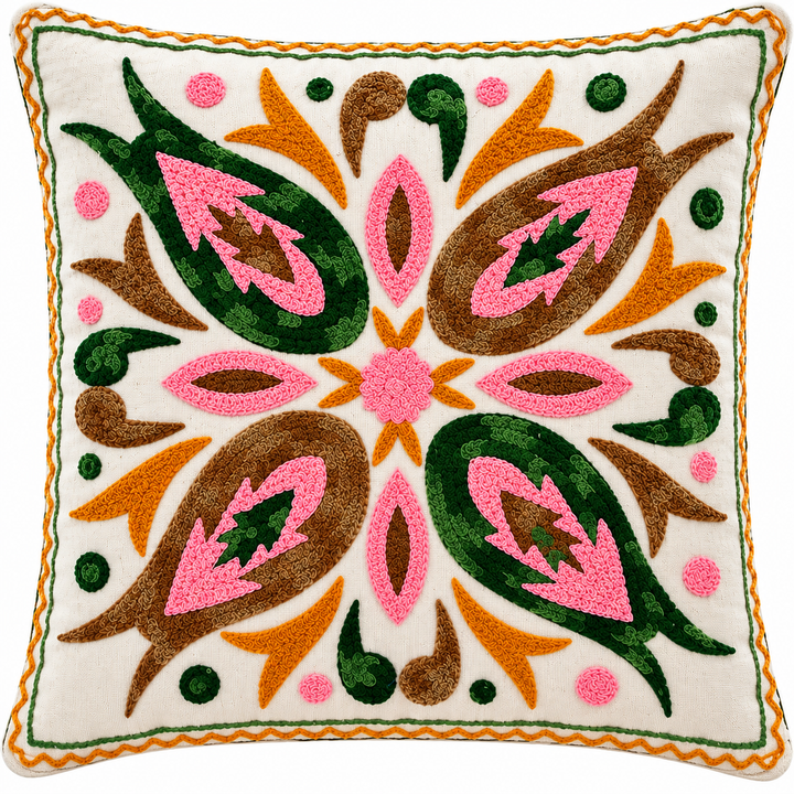 Handmade Embroidered Floral Cushion Cover 16×16 Inch | Traditional Folk Design Decorative Pillow for Sofa &amp; Home Decor