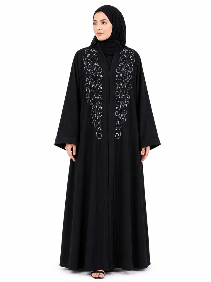 Black Embroidered Front Panel Abaya | Imported Zoom Fabric | Elegant Minimal Modest Wear by RTFACTS