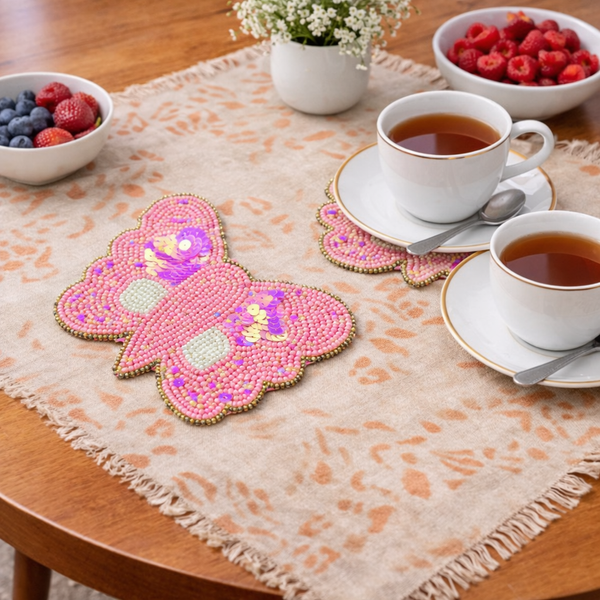 Designer Butterfly Beaded Coaster Set of 2 – Handmade Decorative Table Accessory