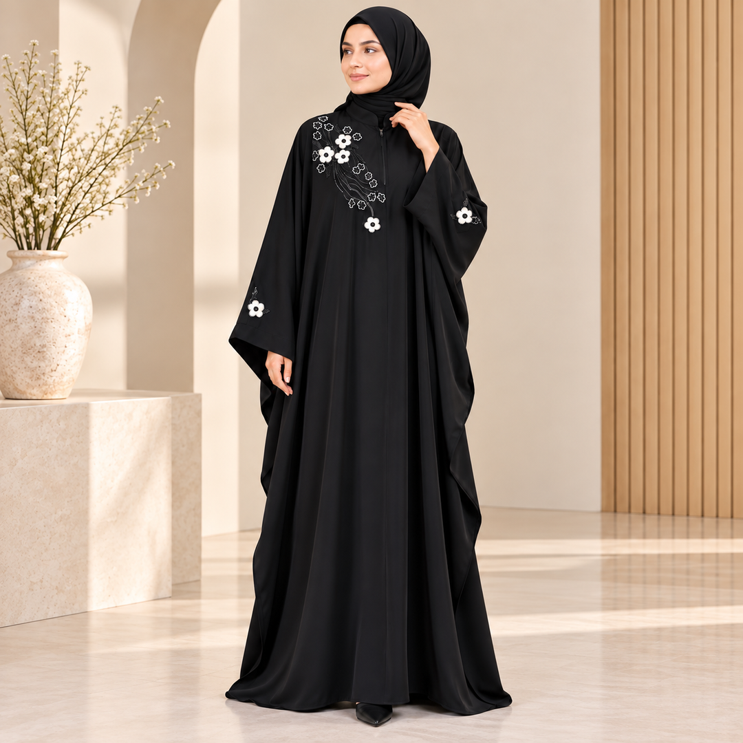 Black Floral Embroidered Firdos Fabric Kaftan
