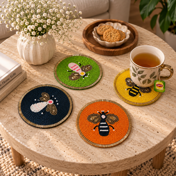 Honey Bee Design Beaded Coaster Set of 4