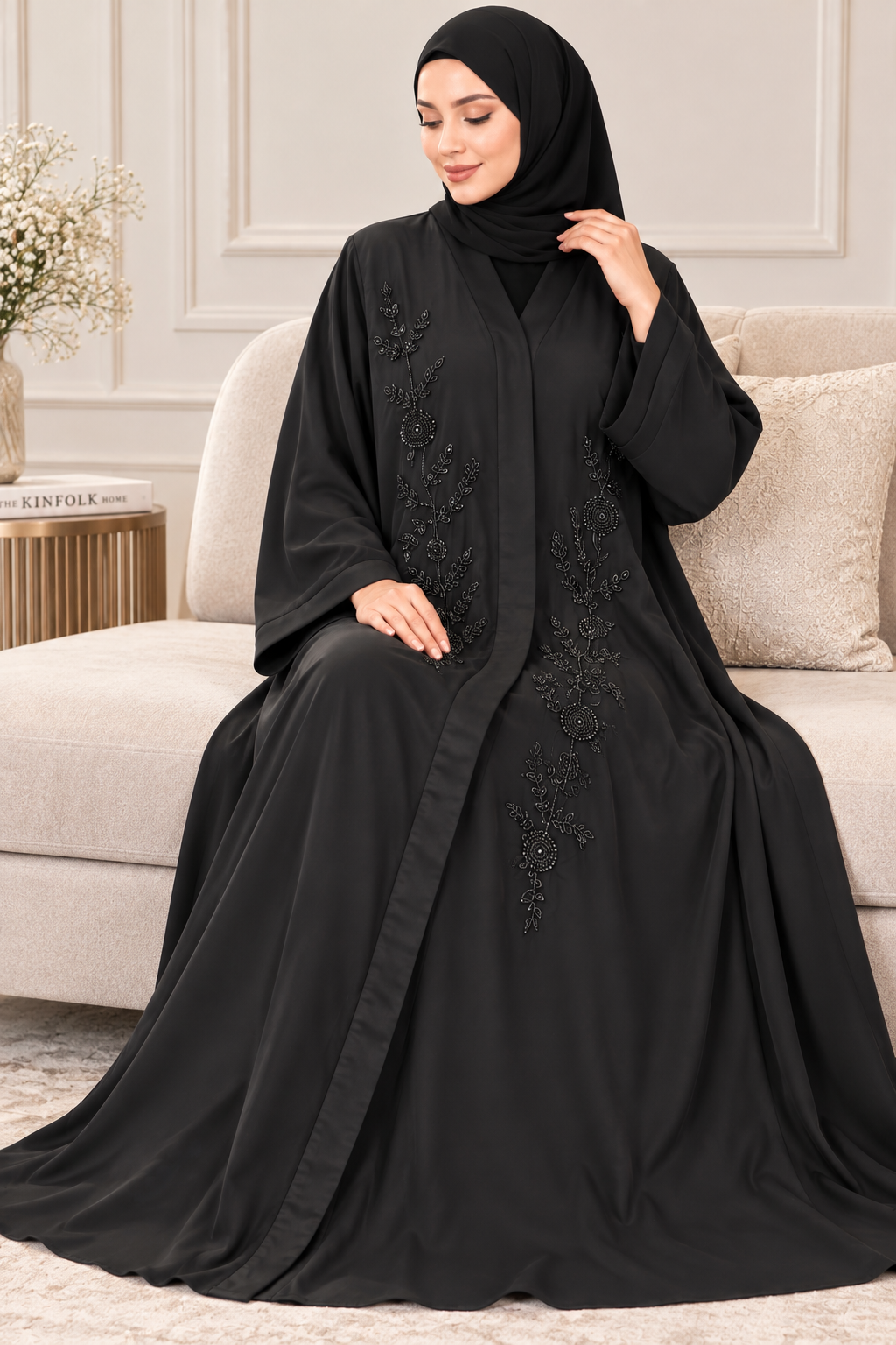Luxury Black Nida Fabric Handwork Abaya – Elegant Floral