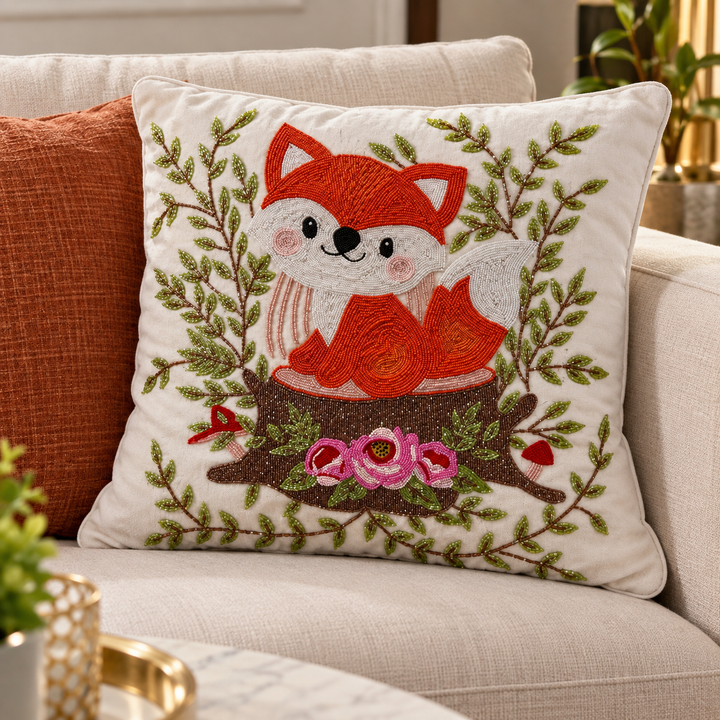 Handmade Beaded Cushion Cover 18×18 Inch | Decorative Animal Cushion for Sofa &amp; Home Decor